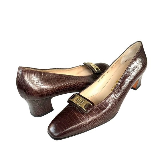 Salvatore Ferragamo Brown Alligator Leather Metallic Accents Pumps Women’s 10.5 - Picture 1 of 16